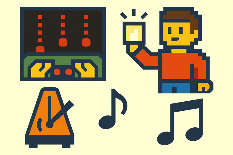 micro:bitを使ってリズムゲームを楽しむようすや、メトロノームなどが描かれたドット調のイラスト