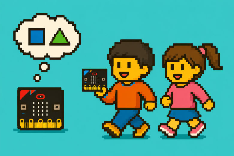 micro:bitを持ってウォーキングをする男の子と女の子が描かれたドット調のイラスト