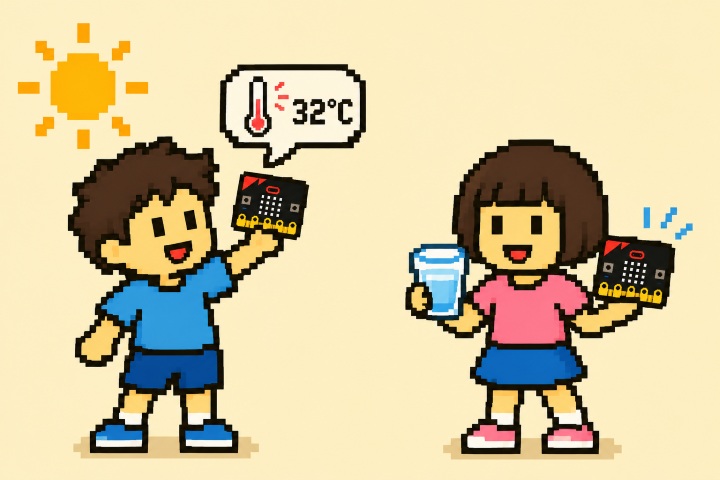 micro:bitを持っている女の子や、アサガオの鉢、野球のバットとボールが描かれたドット調のイラスト
